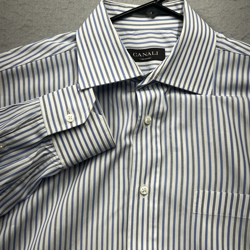 Canali Shirt Mens 41/16 Blue White Stripe Made‎ in Italy Dress Long Sleeve